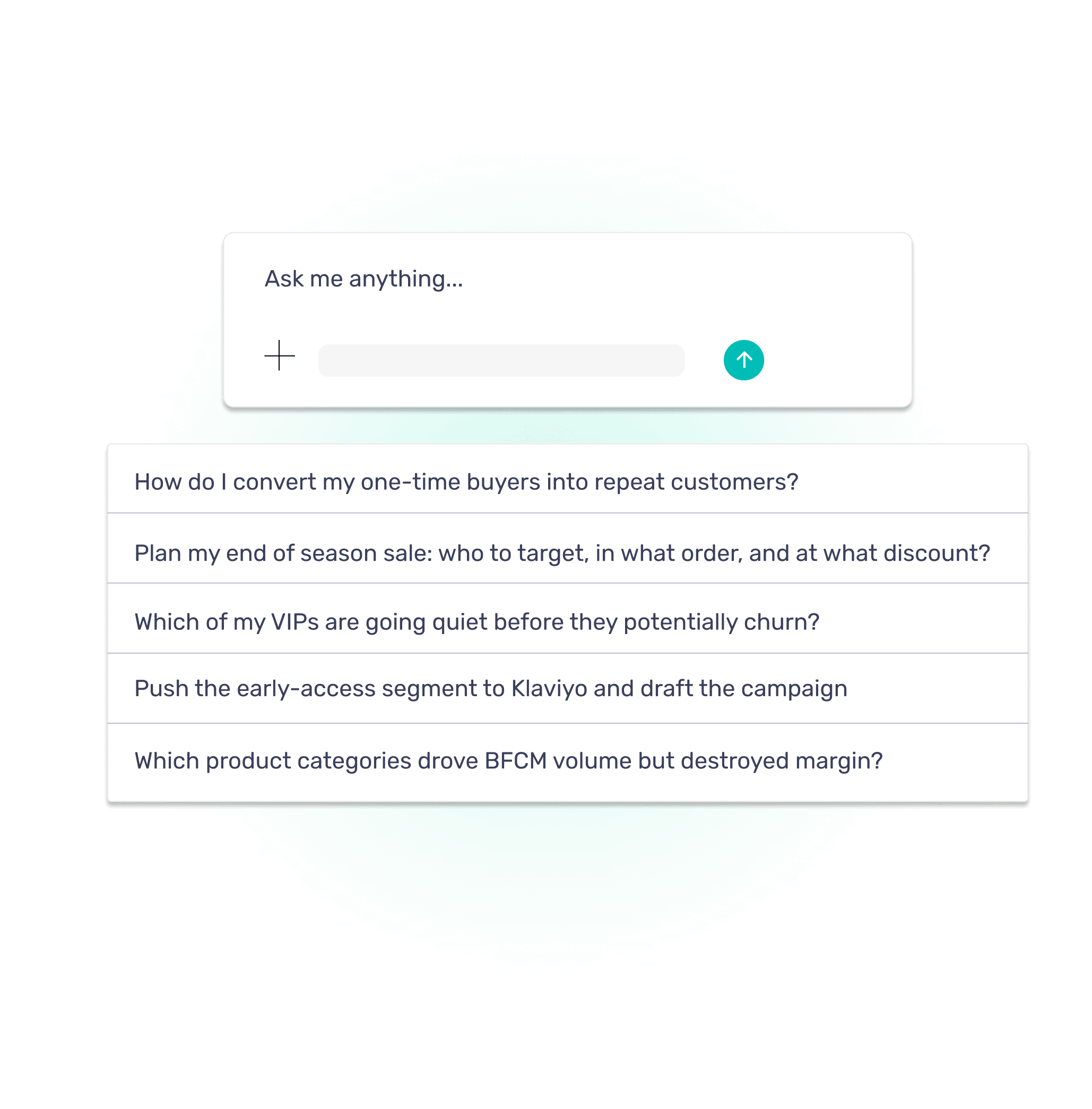 Graphic with text box "Ask me anything" and five suggested prompts