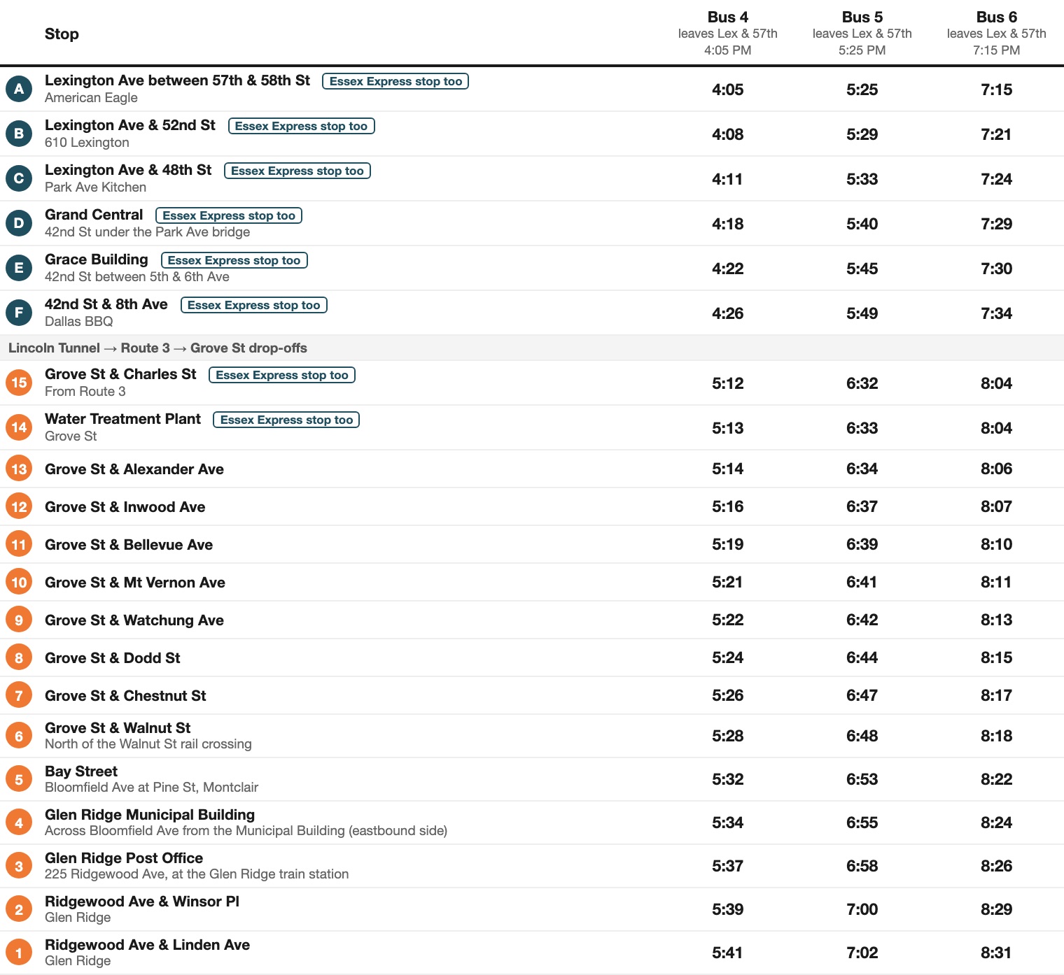 Evening timetable, buses at 4:05, 5:25 and 7:15 PM