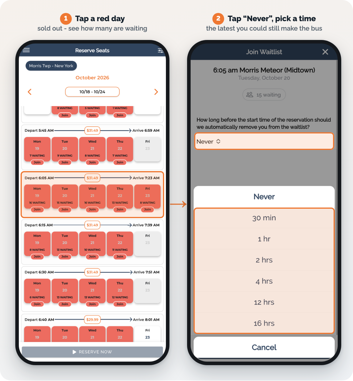 In the app: sold-out days are red and show how many people are waiting. Tap one, then tap Never to see the options: 30 min, 1 hr, 2 hrs, 4 hrs, 12 hrs, 16 hrs.