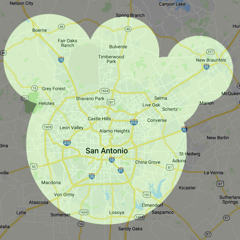 San Antonio tree service coverage area map.
