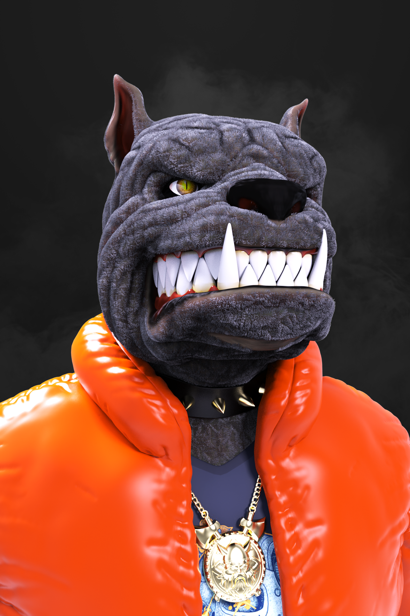 NFT art showing a high-quality 3D British bulldog with textured fur in streetwear (wearing an orange puffy jacket)