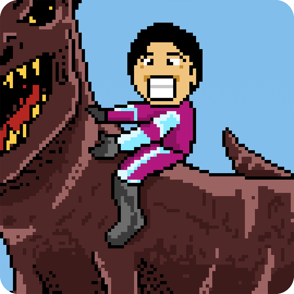 NFT showing a high-quality 2D pixel art human riding a dinosaur.