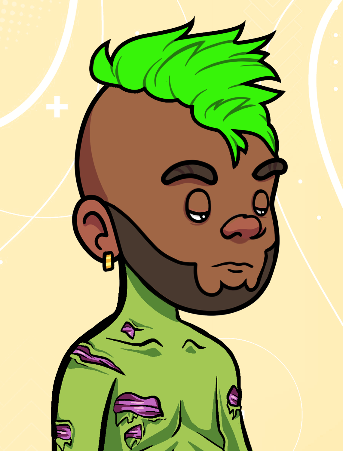 NFT art showing a high-quality 2D human character with mohawk and zombie skin. 