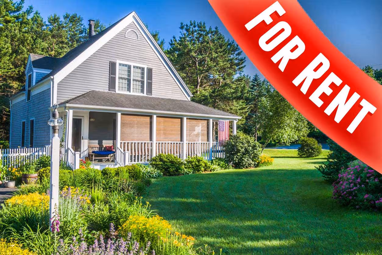 red for rent sign imposed over exterior of home - Renters Insurance concept