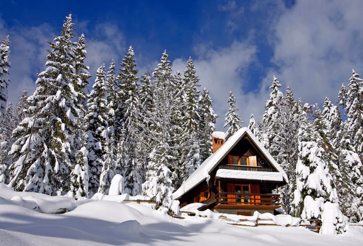 NH Airbnb Insurance concept - Alpine Hut covered in snow in the woods