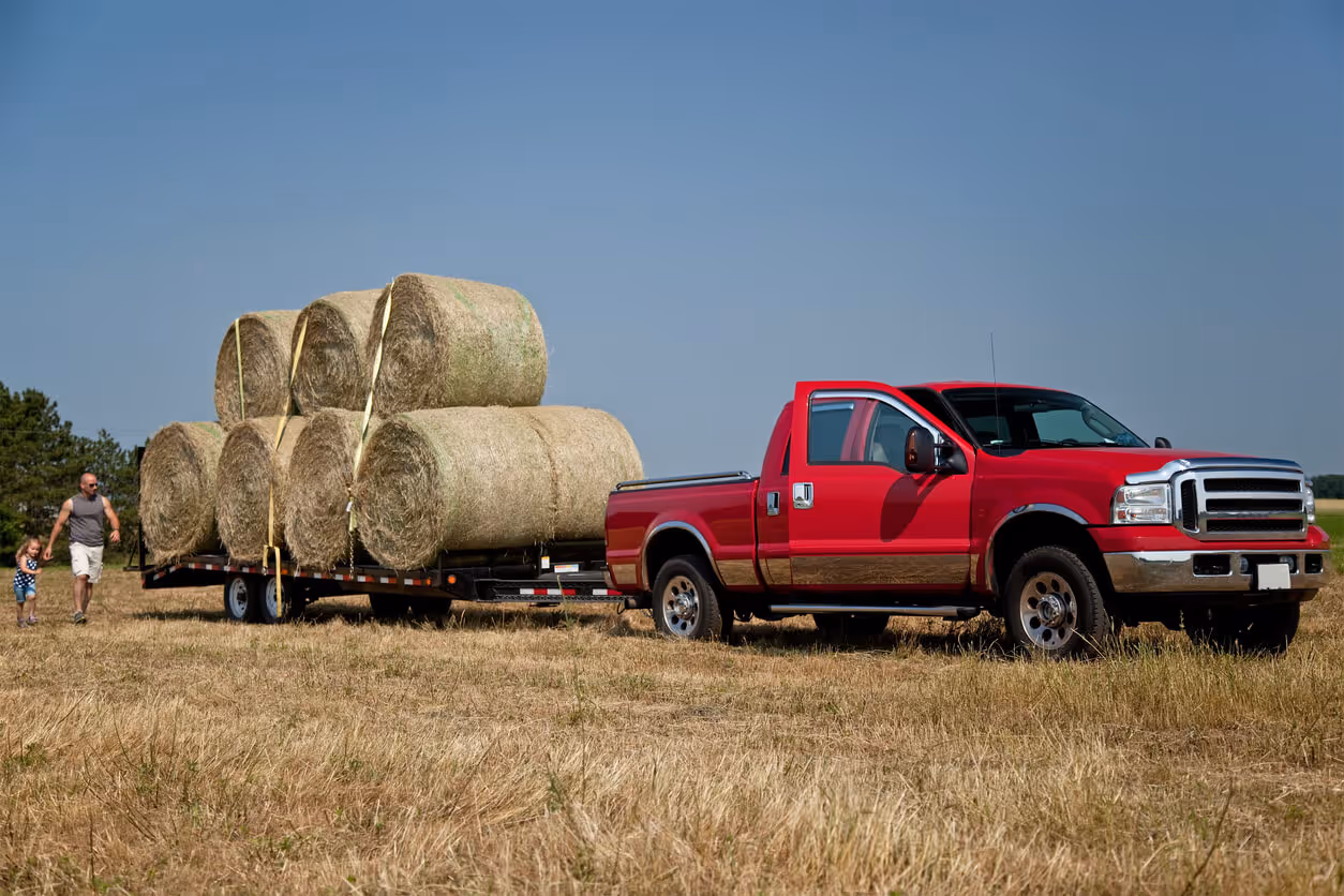Hay bales stacked on a trailer, tied down, and are ready to be hauled away