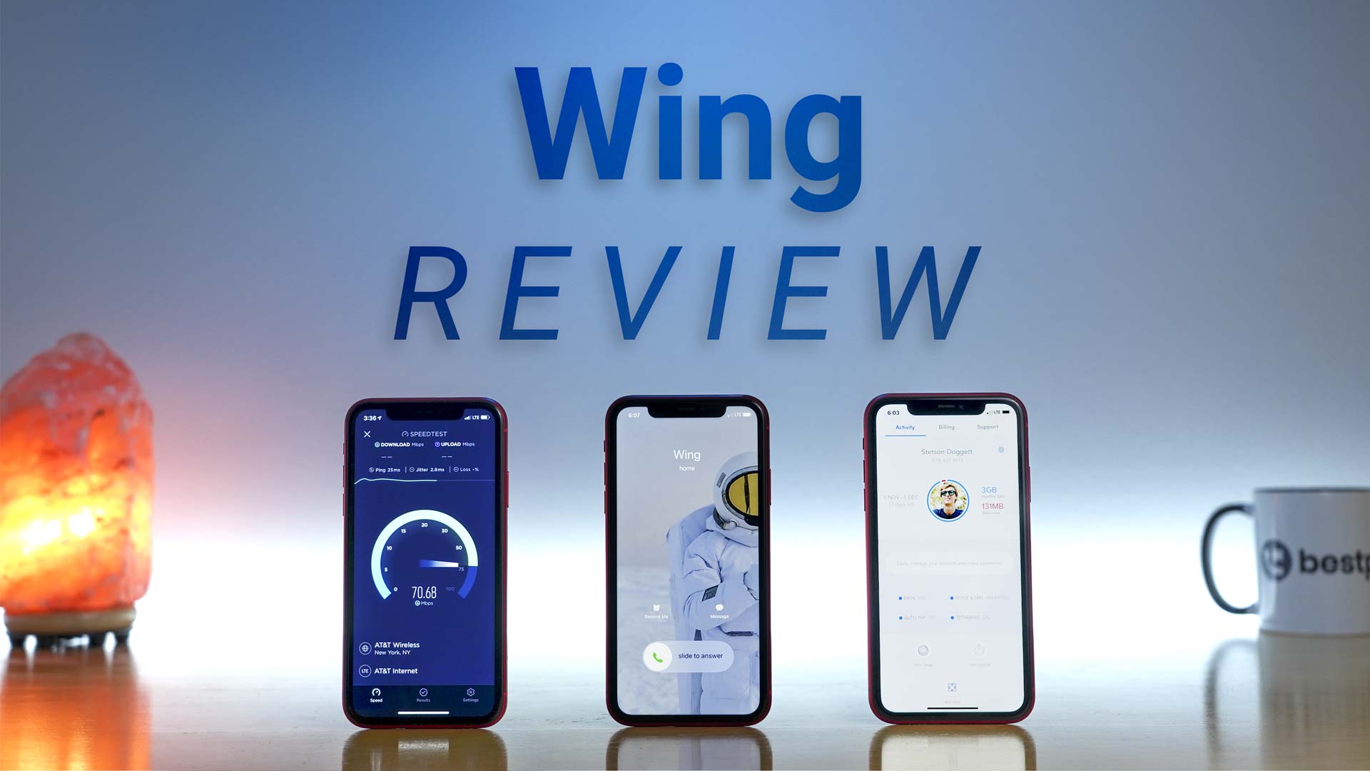 iPhone 11 Pro running cellular data speed test next to an iPhone 11 Pro receiving incoming phone call next to an iPhone 11 Pro open to the Wing application