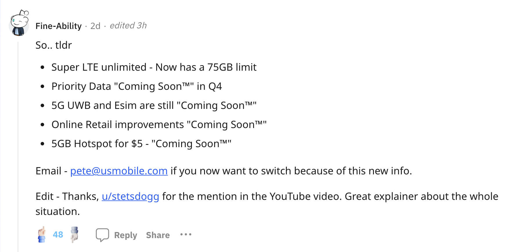 Reddit user /u/Fine-Ability points out that US Mobile has said numerous features are "Coming Soon" without actually launching them
