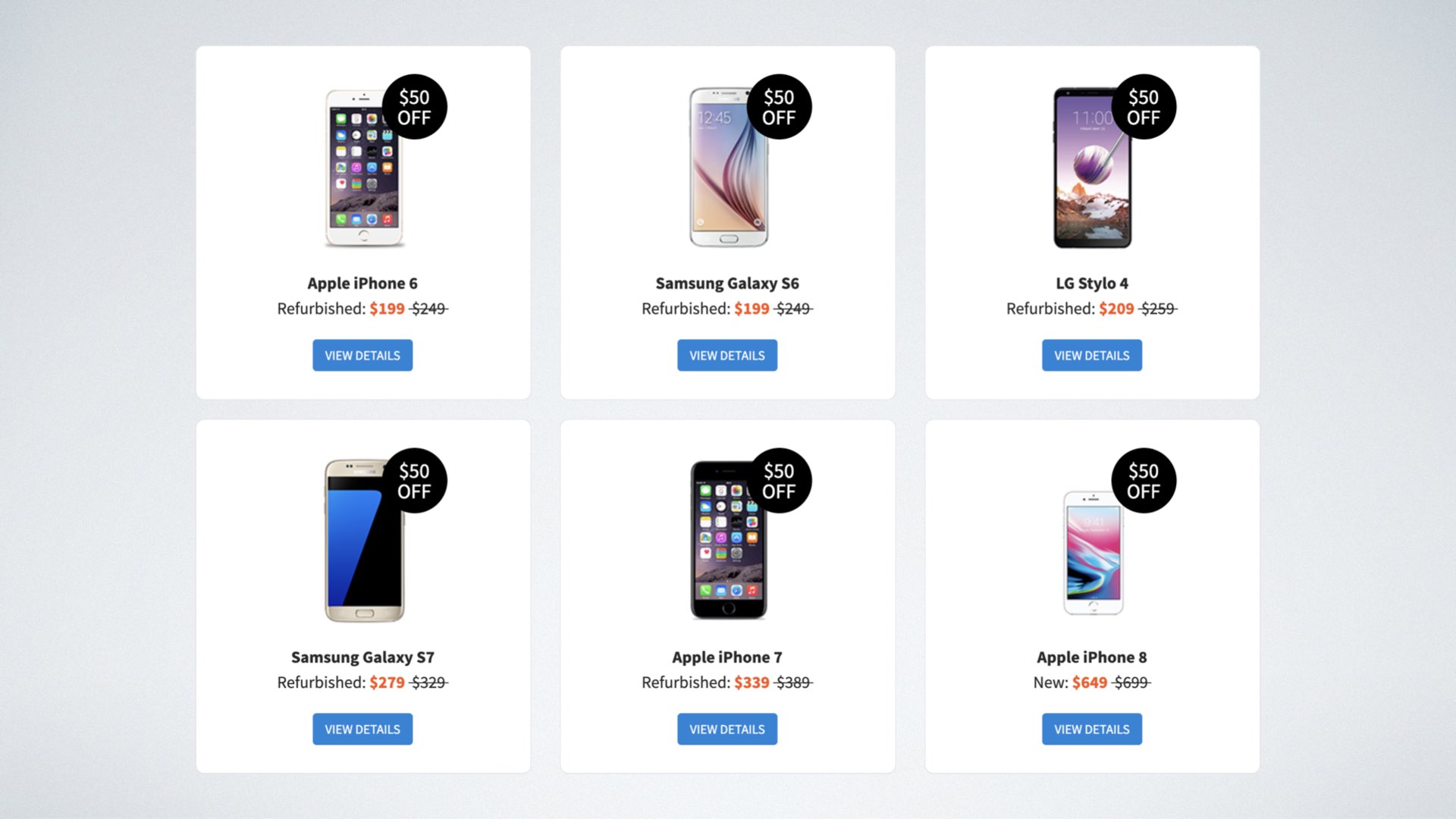 screenshot of smartphones on Tello's online website storefront
