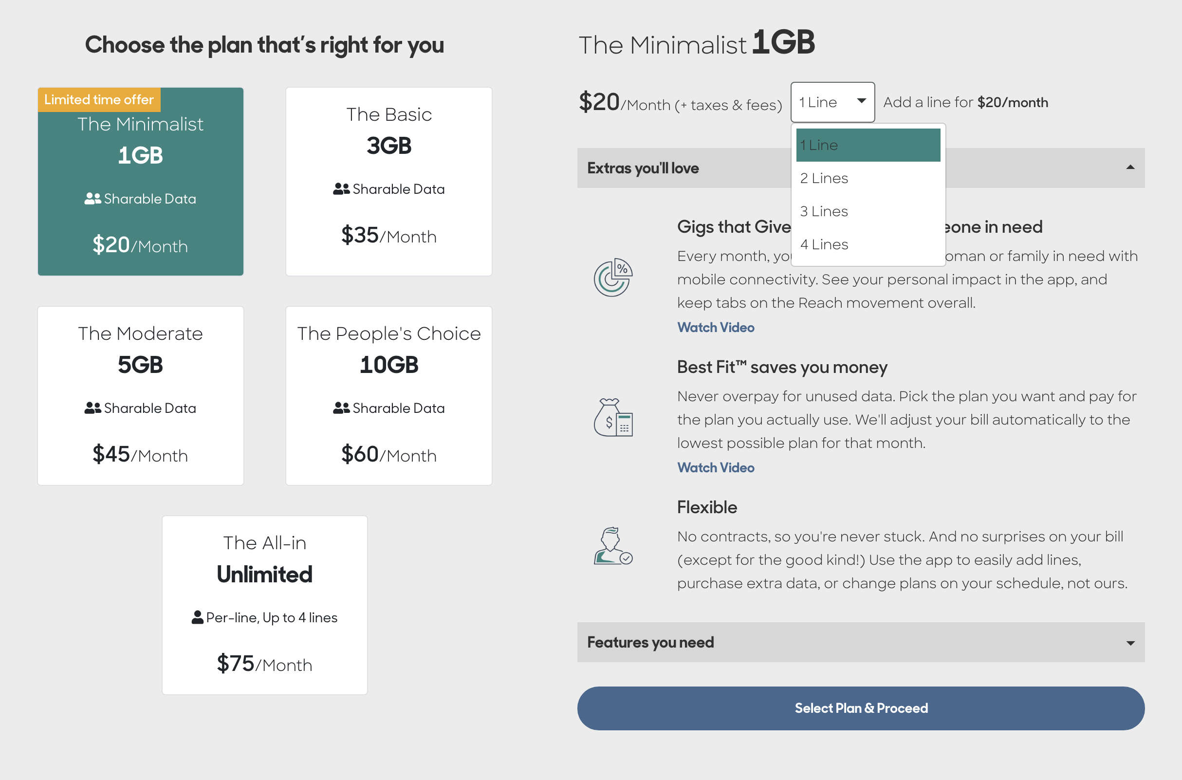 screenshot of selecting a cell phone plan and number of phone lines on Reach Mobile's website