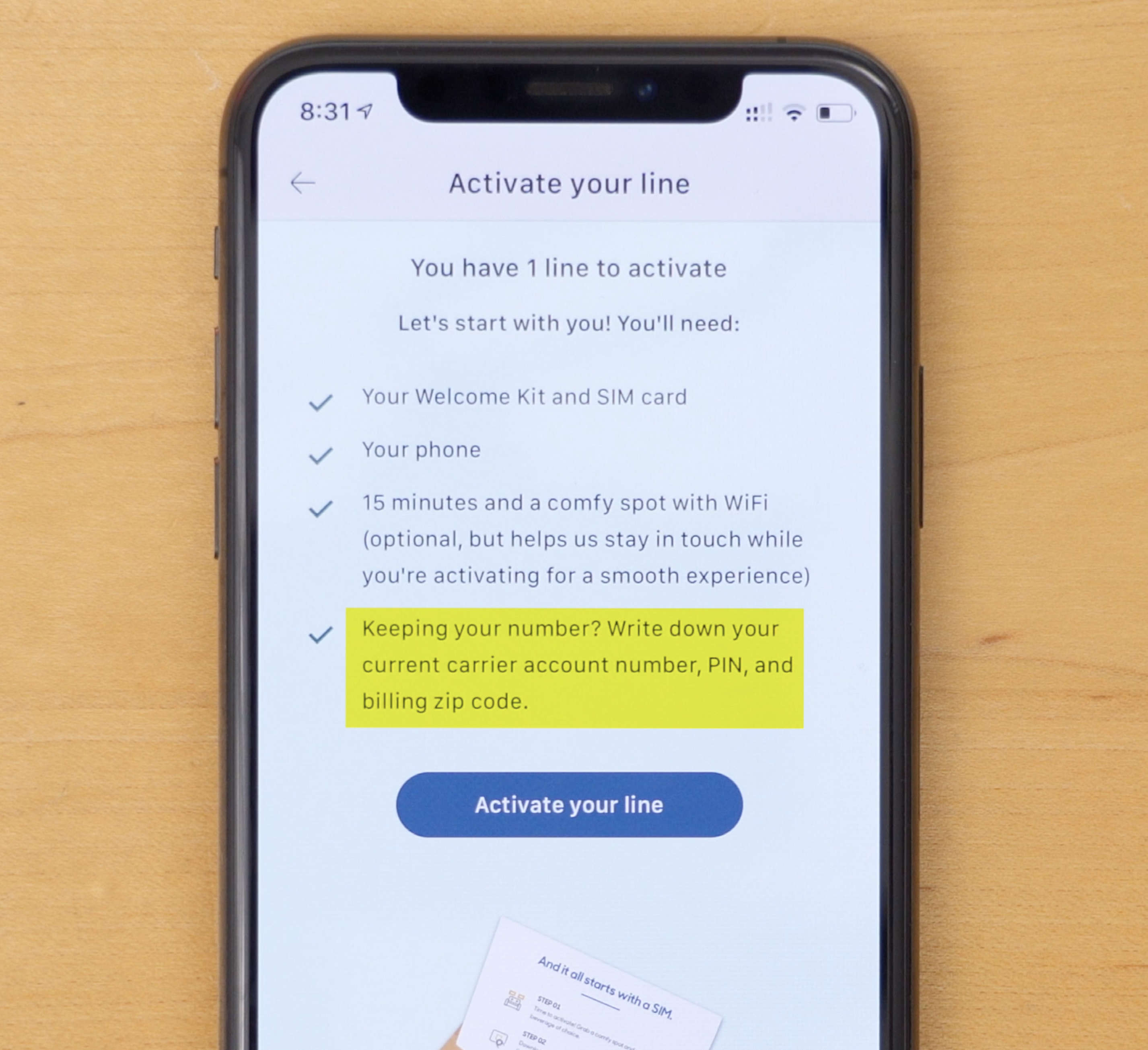 iPhone XS with Reach Mobile app open on page outlining what you need to get activated on the Reach Mobile network