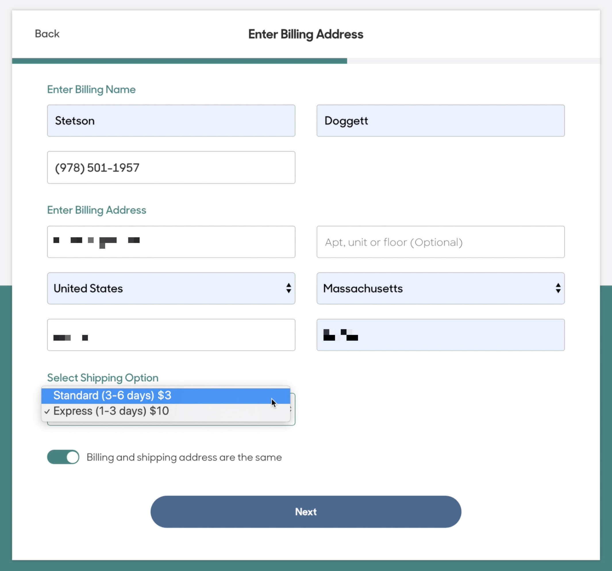 screenshot of entering billing address and selecting shipping option on Reach Mobile's website while ordering SIM card