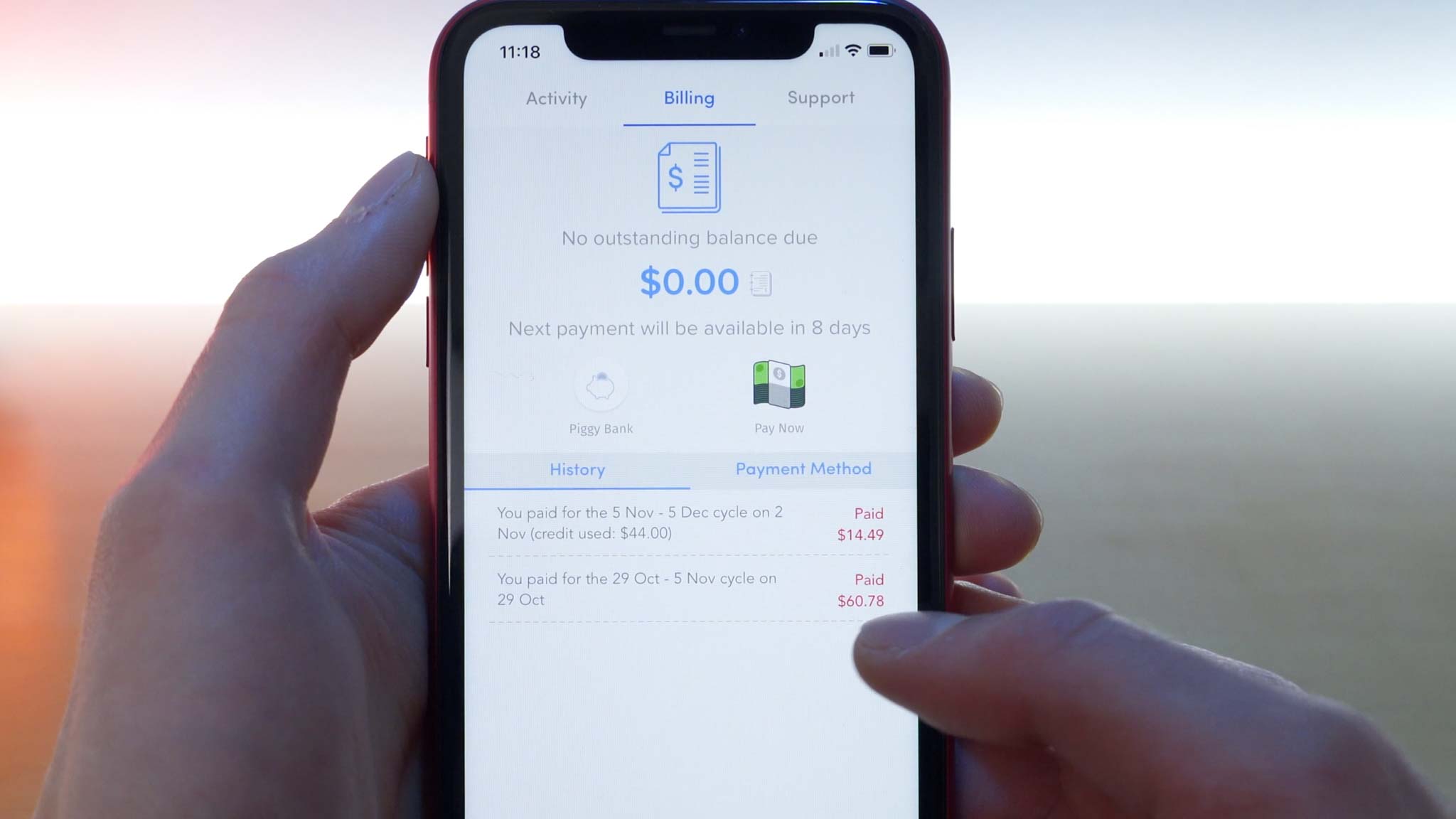 iPhone 11 Pro open to Wing app billing page showing cost of first month of service was $60.78
