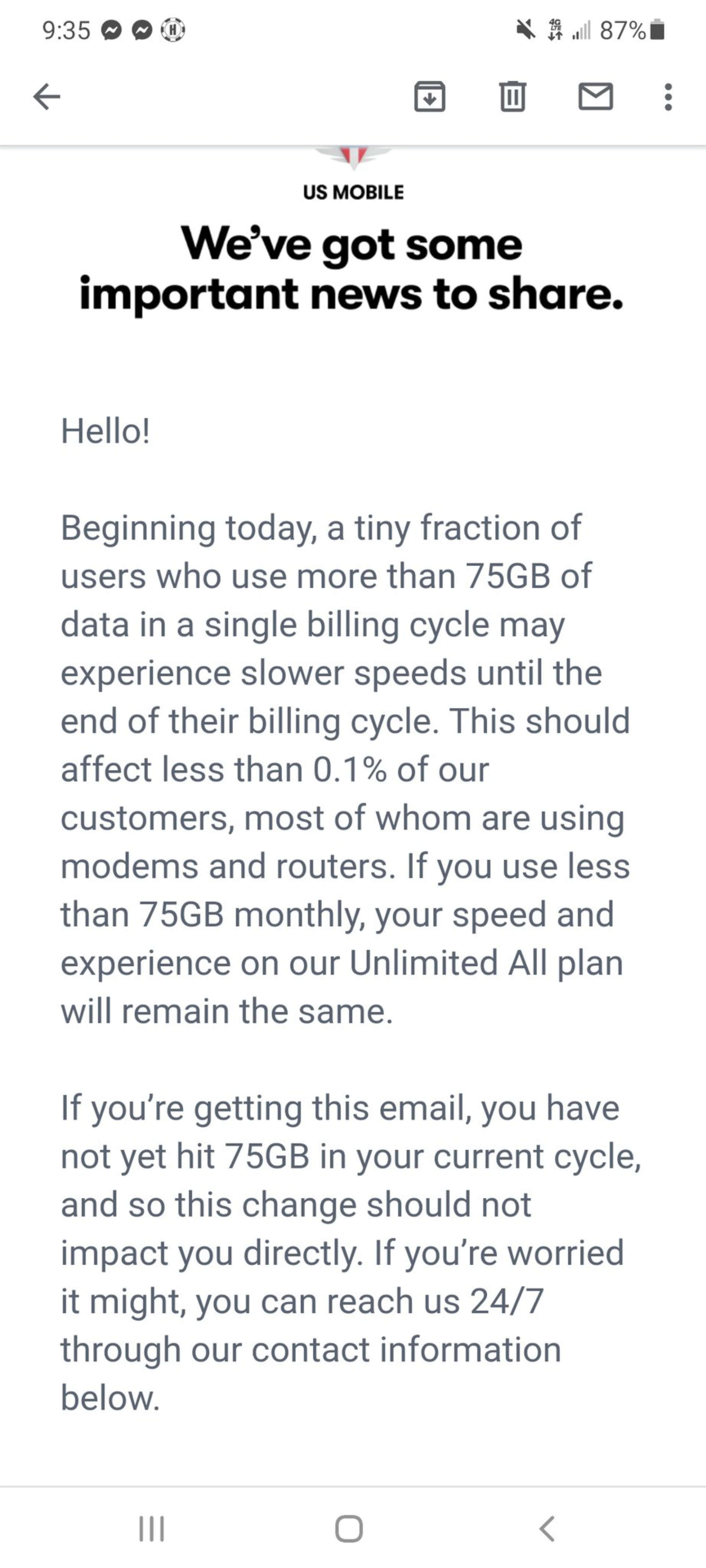 screenshot of email US Mobile customers received about Unlimited All plan being limited to 75GB