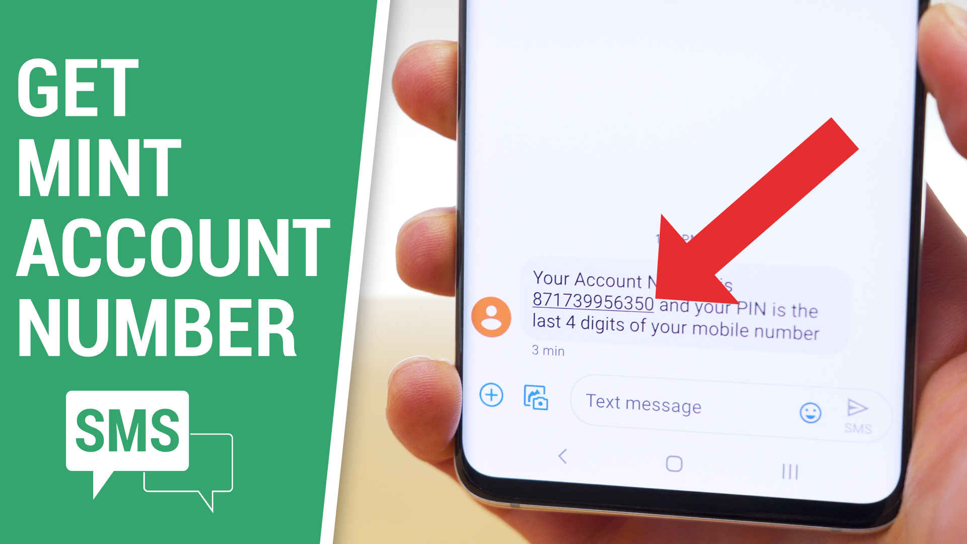 red arrow pointing to text message on phone containing Mint Mobile account number