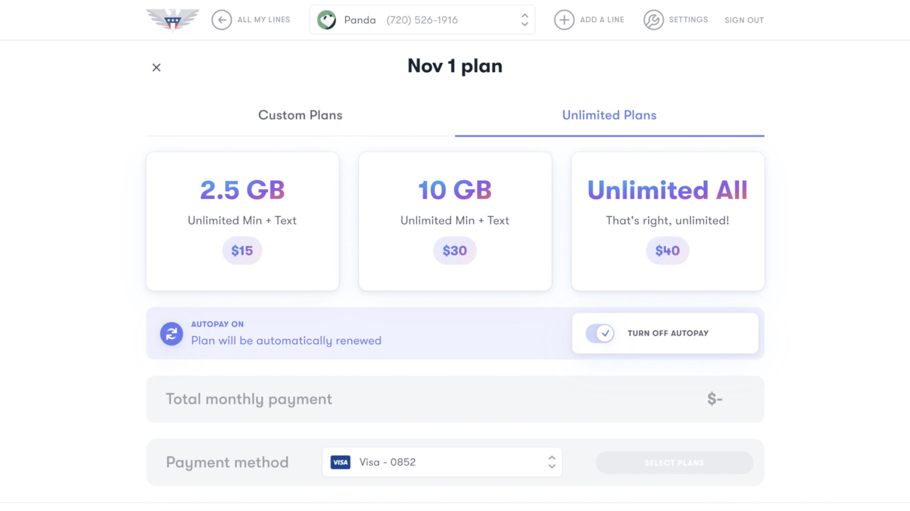 US Mobile's Unlimited plans include 2.5GB for $15, 10GB for $30, and Unlimited All for $40