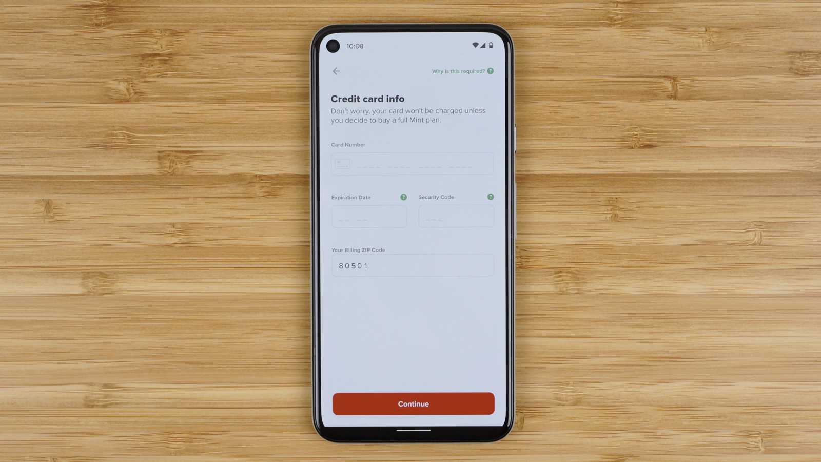 Mint Mobile credit card info screen in mobile application