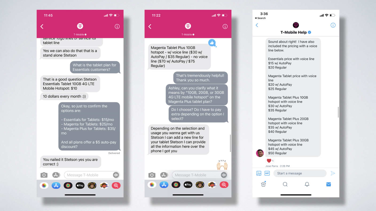 screenshots of chats with T-Mobile customer support