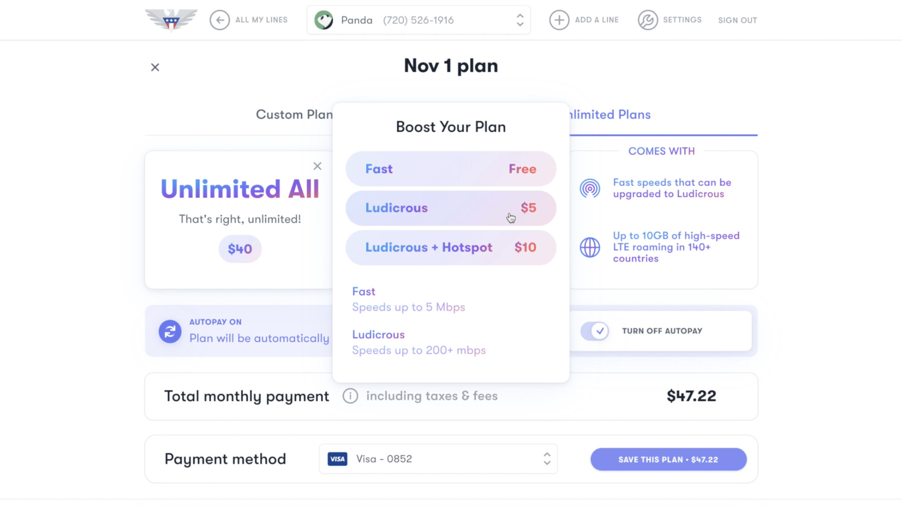Choose between fast speeds (5Mbps down, 2Mbps up), Ludicrous Speeds, or Ludicrous Speeds + Hotspot with US Mobile's Unlimited All plan