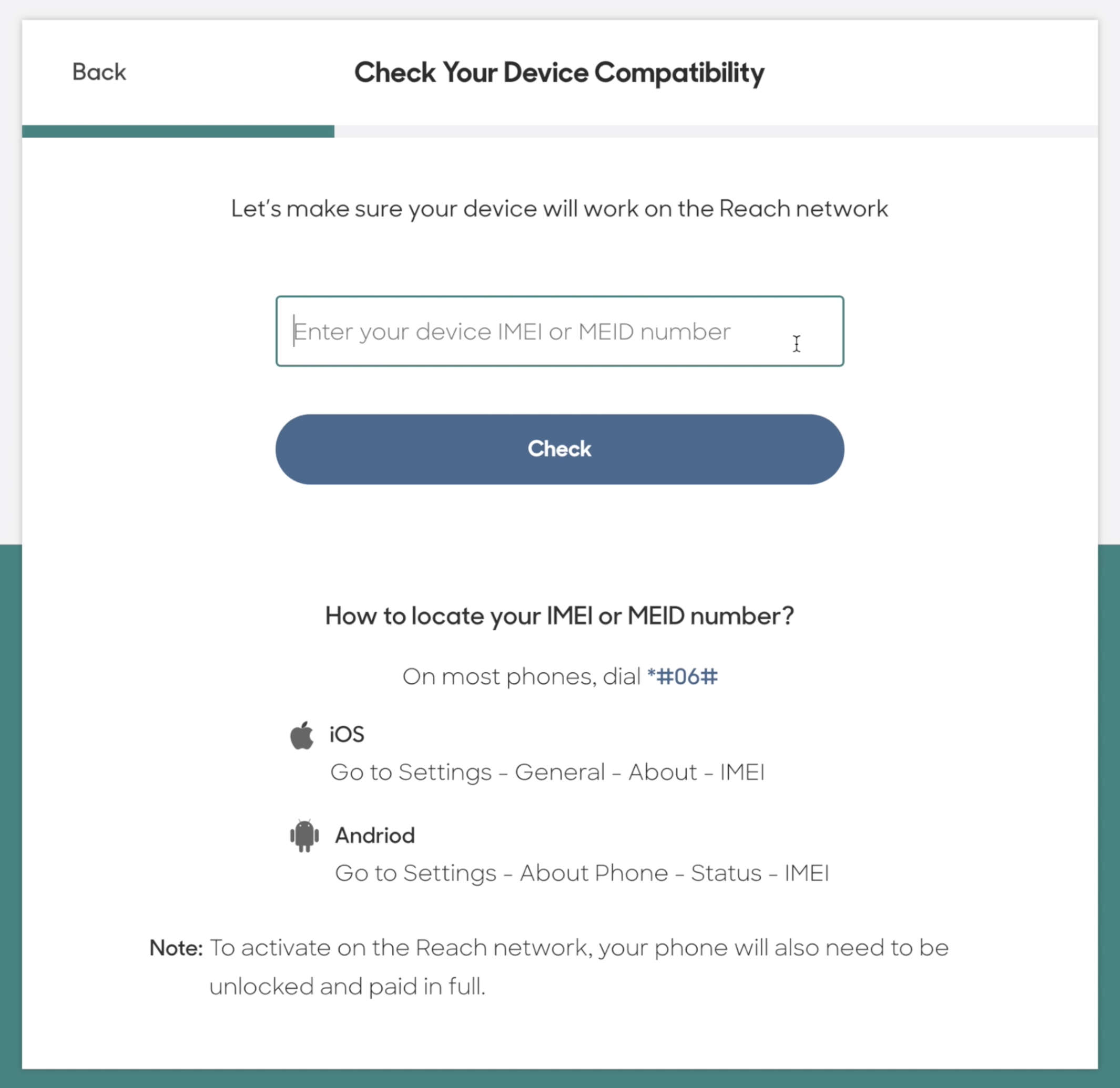 screenshot of phone IMEI check page during Reach Mobile activation process