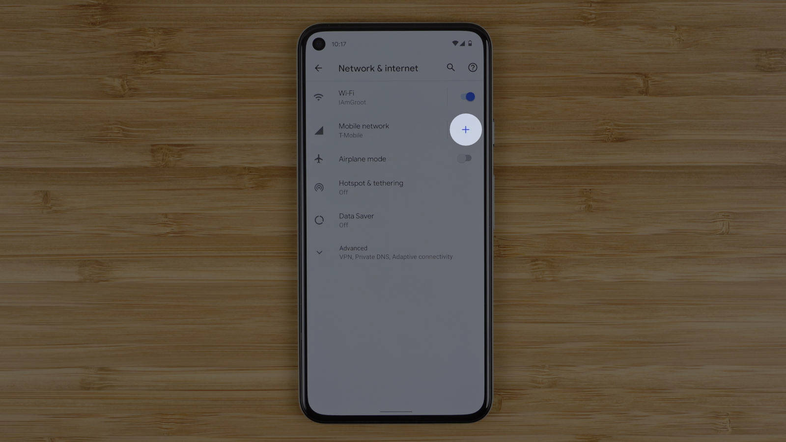 add a mobile network by tapping on the plus button next to the Mobile Network option in settings