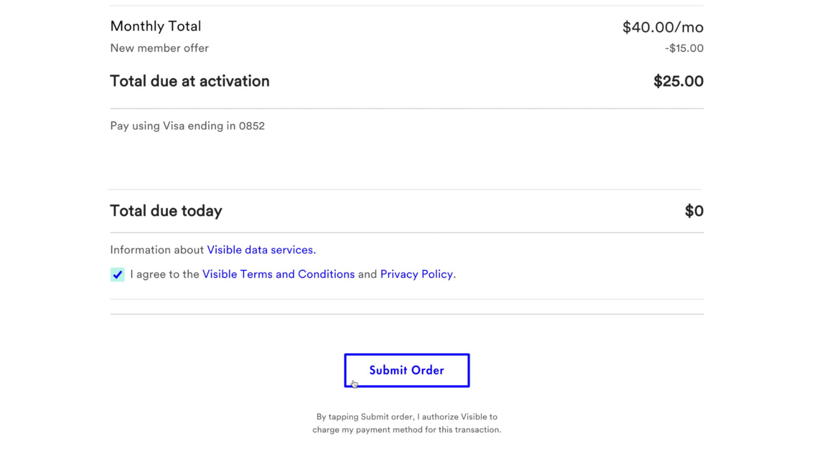 Visible submit order screen