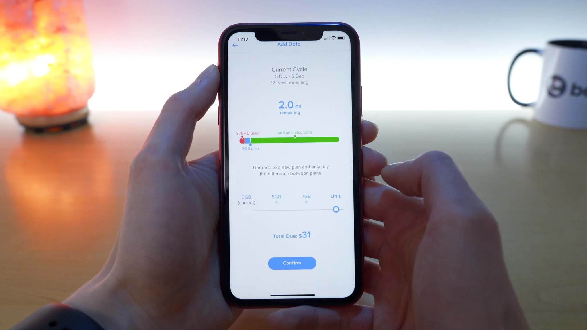 iPhone 11 Pro open to Wing application showing available data add-ons