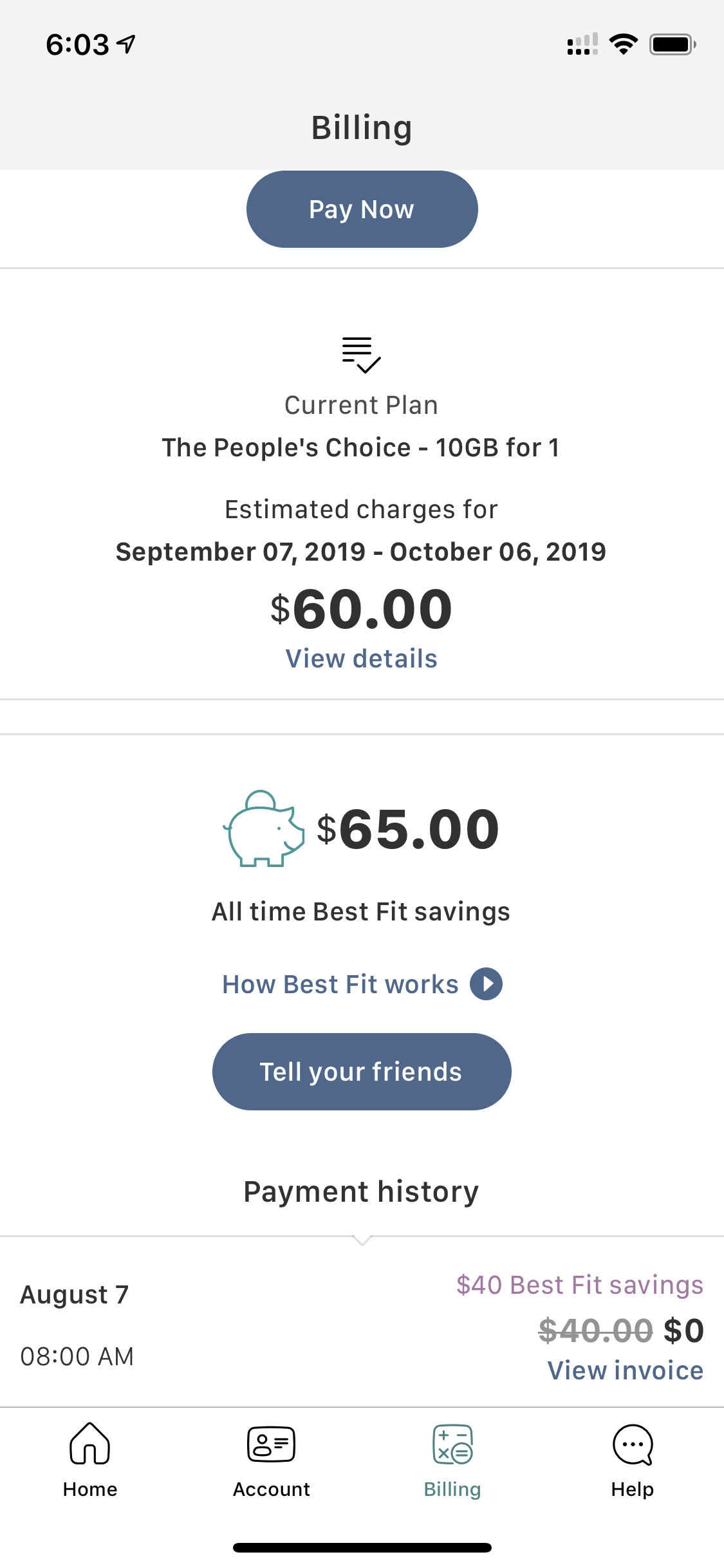 Reach Mobile application screenshot of billing page and Best Fit policy reducing cost of monthly bill
