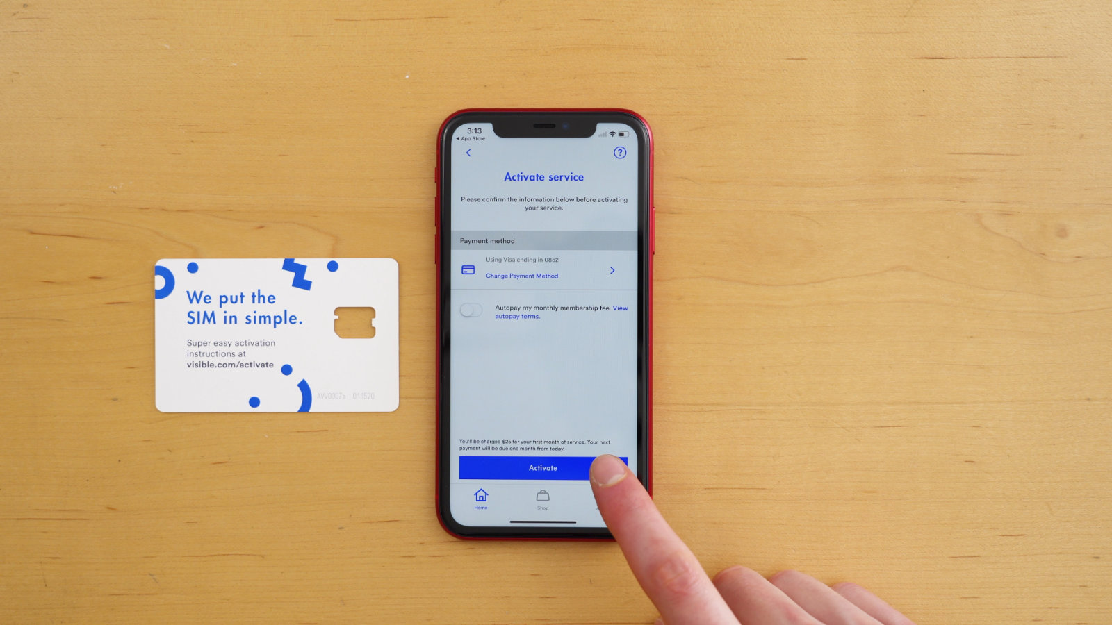Tapping the "activate" button in the Visible app to activate the service