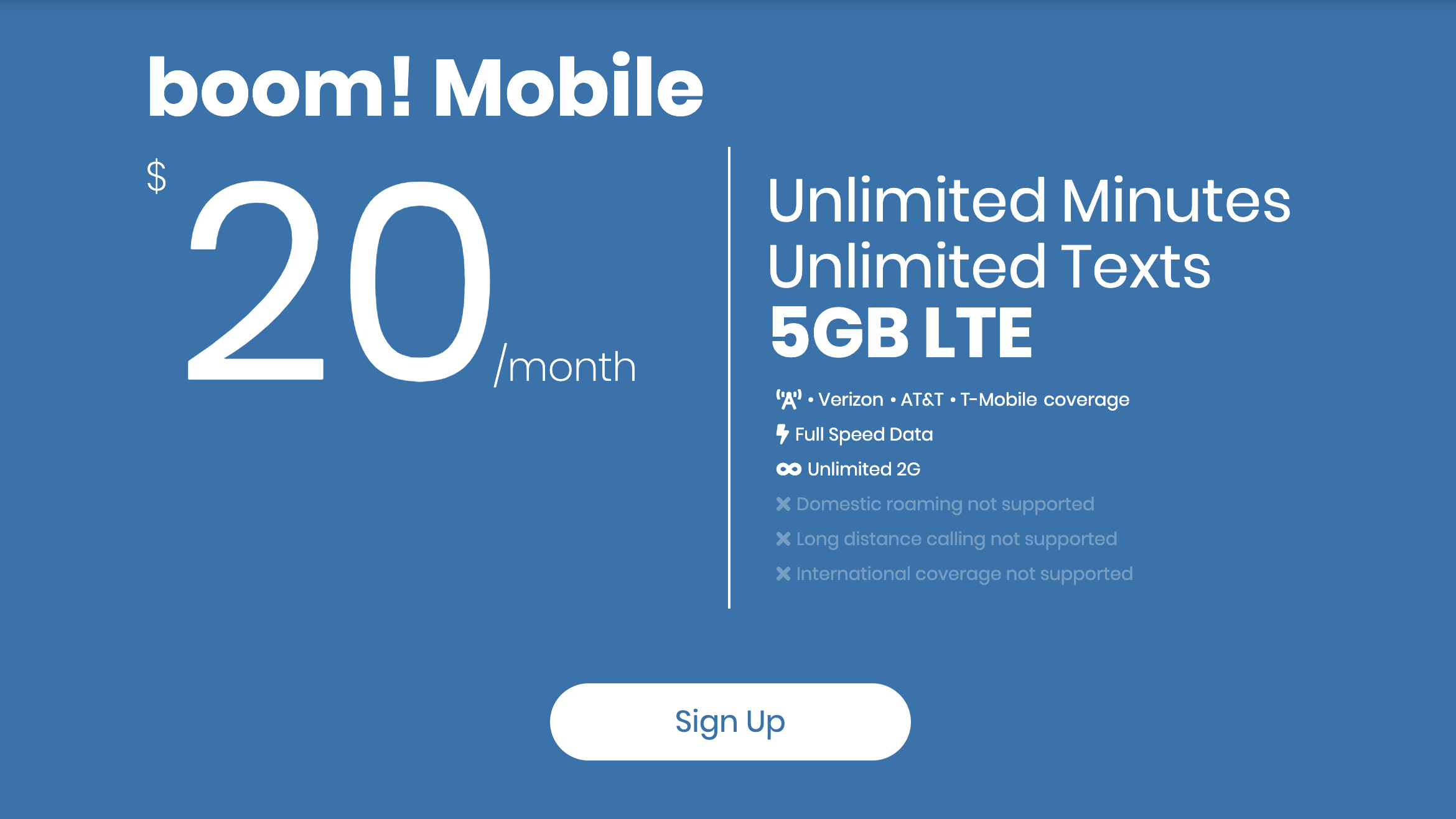 Boom Mobile's $20 plan includes 5GB of LTE data per month