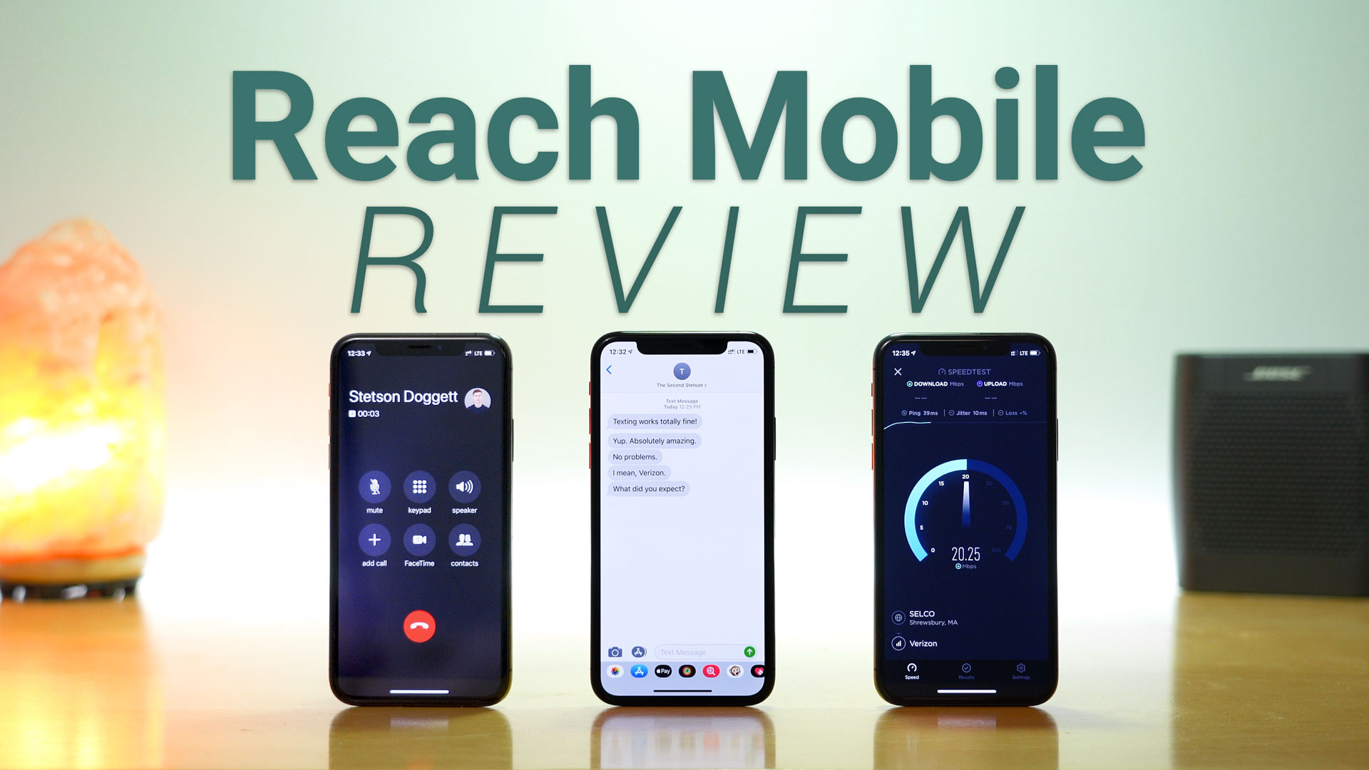 image of three iphones next to each other, the left iPhone is making a call, the middle iPhone is sending text messages, and the right iPhone is doing a data speed test
