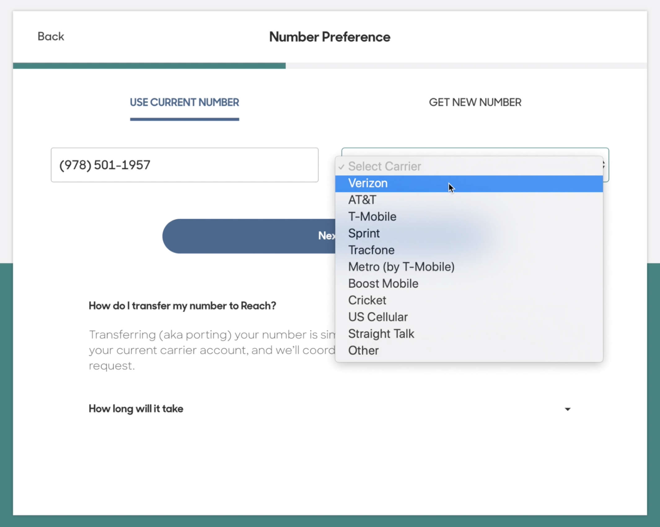screenshot of entering phone number and selecting current carrier on Reach Mobile's website during activation process to port your number to their network