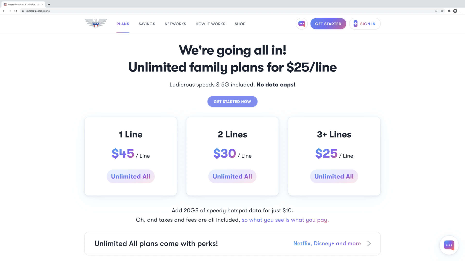 screenshot of US Mobile website with plan offerings