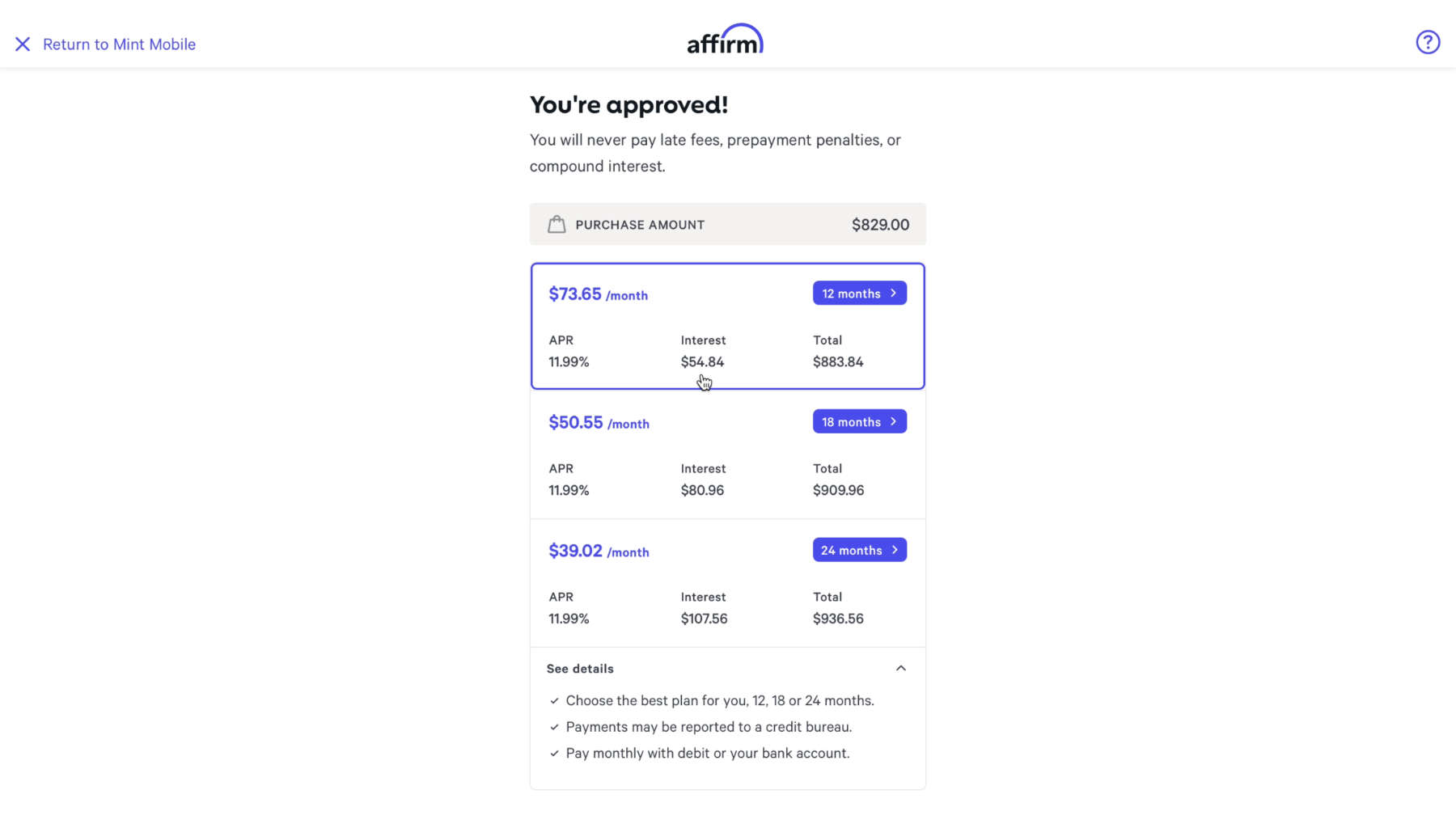Affirm financing options with Mint Mobile iPhone 12