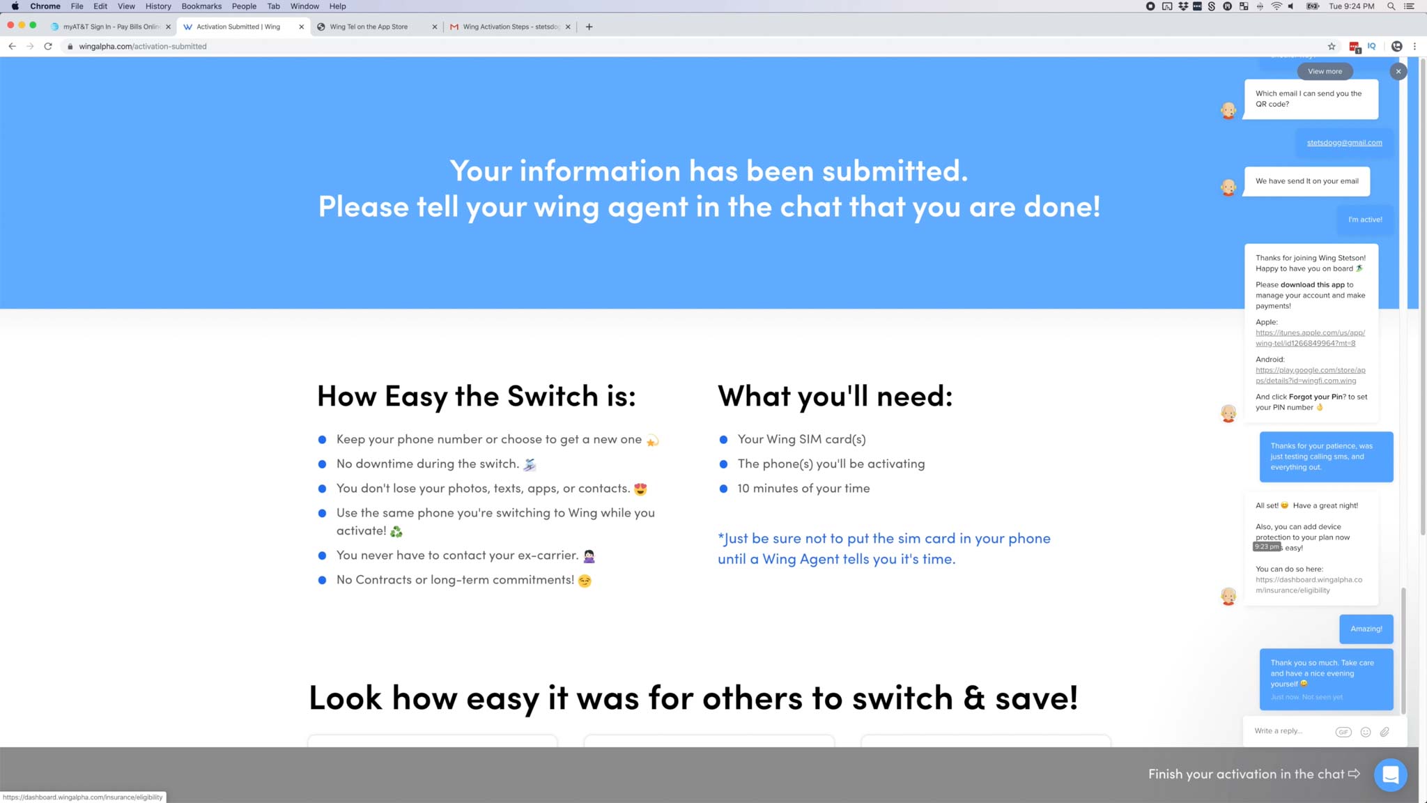 screenshot of Wing website used for activating service