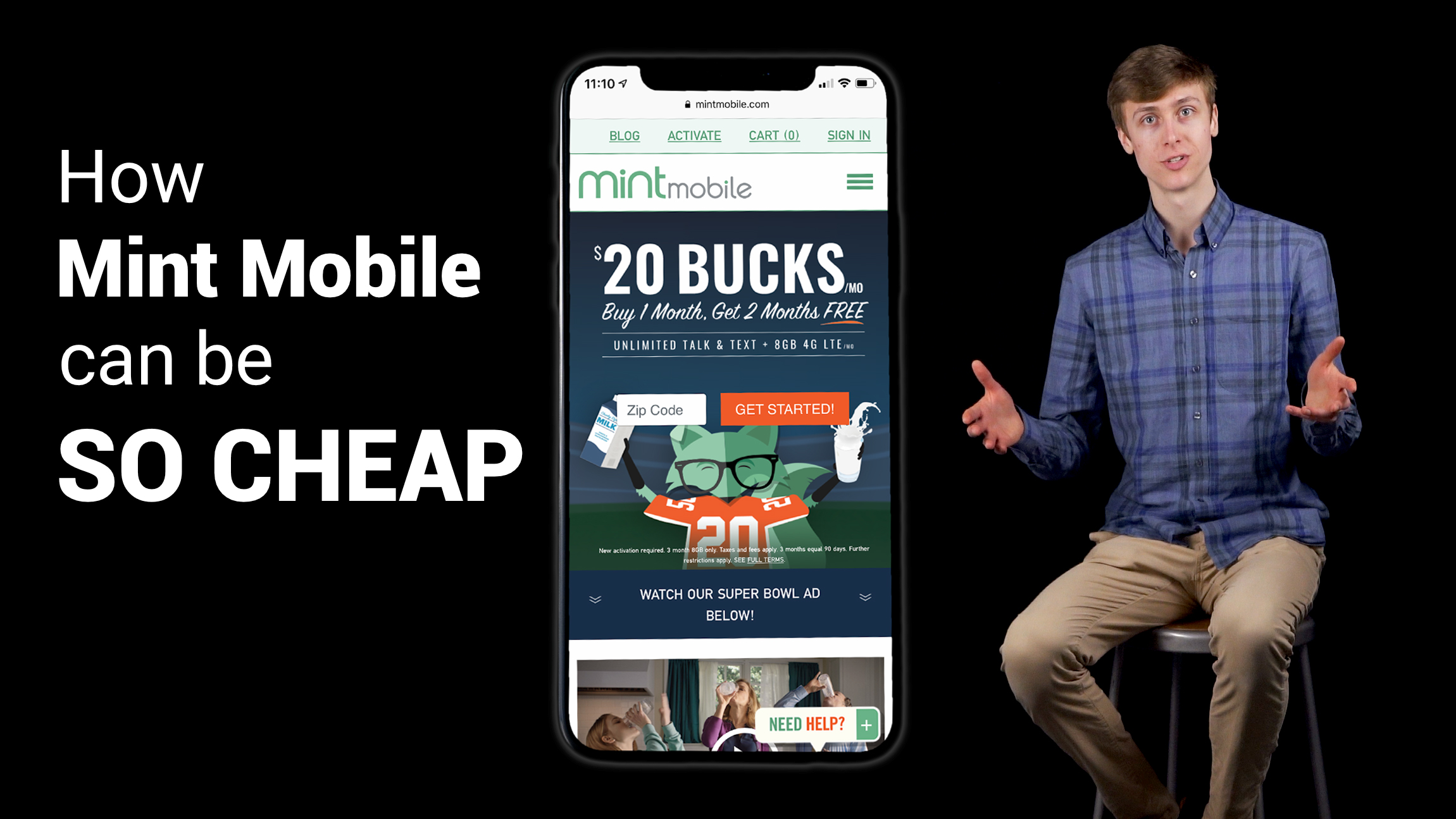 image of iPhone XS on Mint Mobile website with young male sitting to the right of it