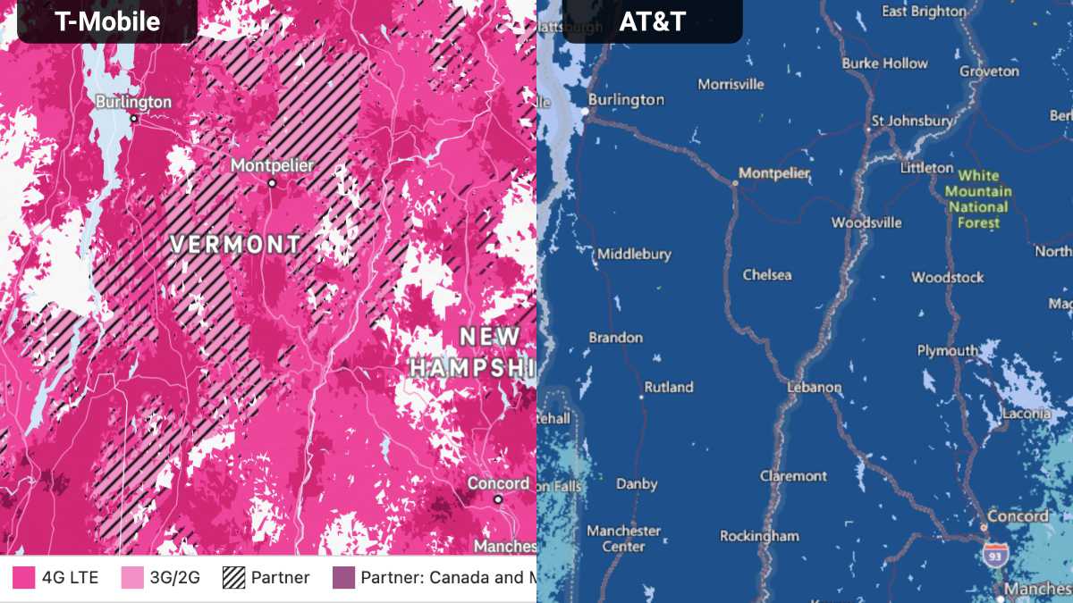 T-Mobile coverage map next to AT&T coverage map to illustrate T-Mobile is roaming on AT&T for coverage in Vermont