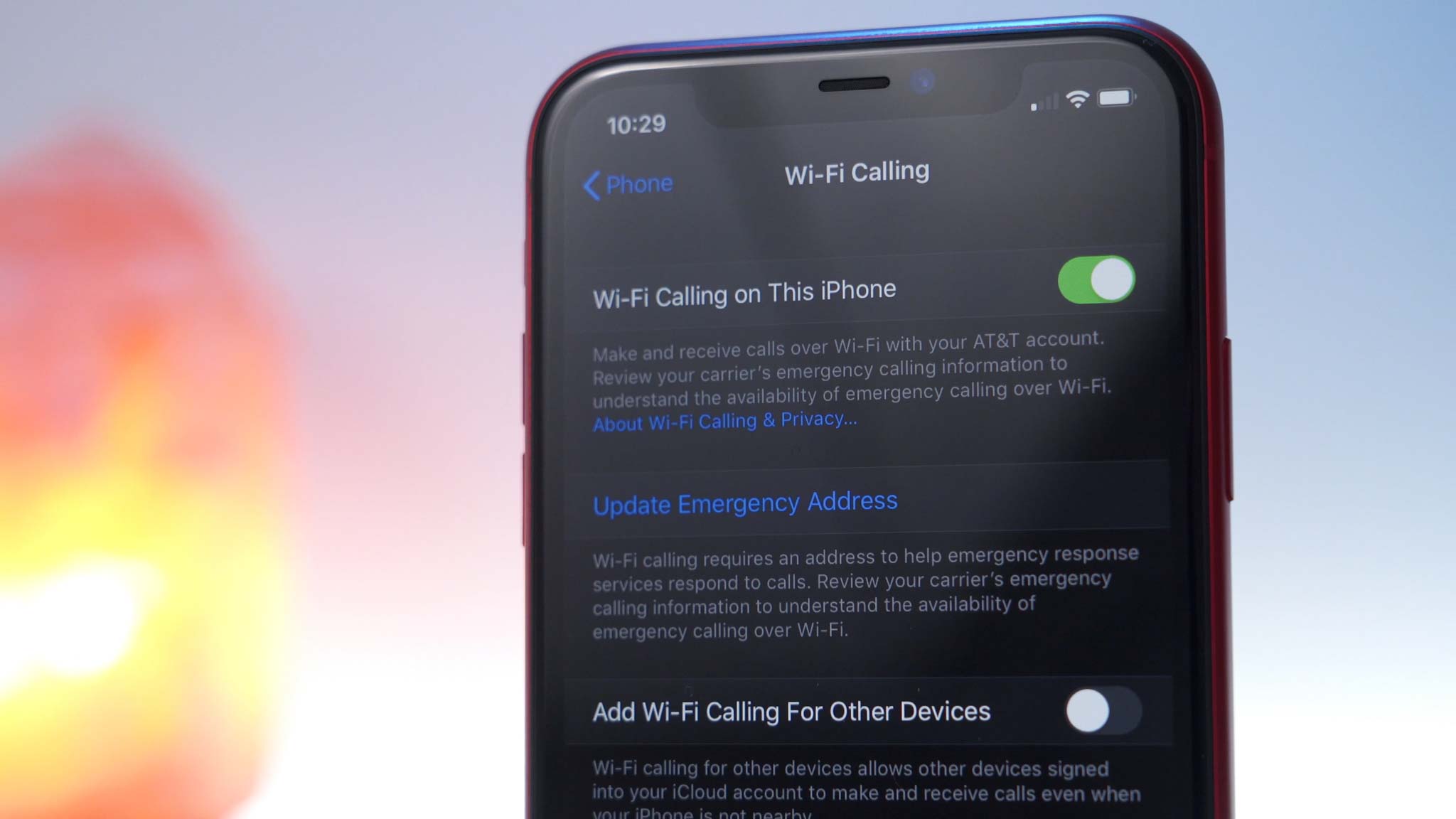 Wi-Fi calling option enabled on iPhone 11 Pro in settings app