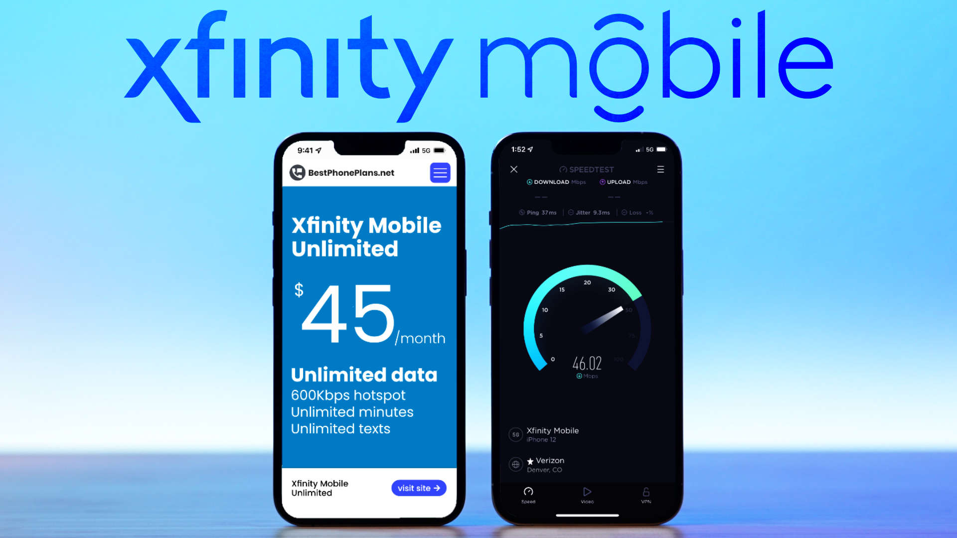 iPhone with Xfinity Logo on screen next to an iPhone running an Ookla speed test