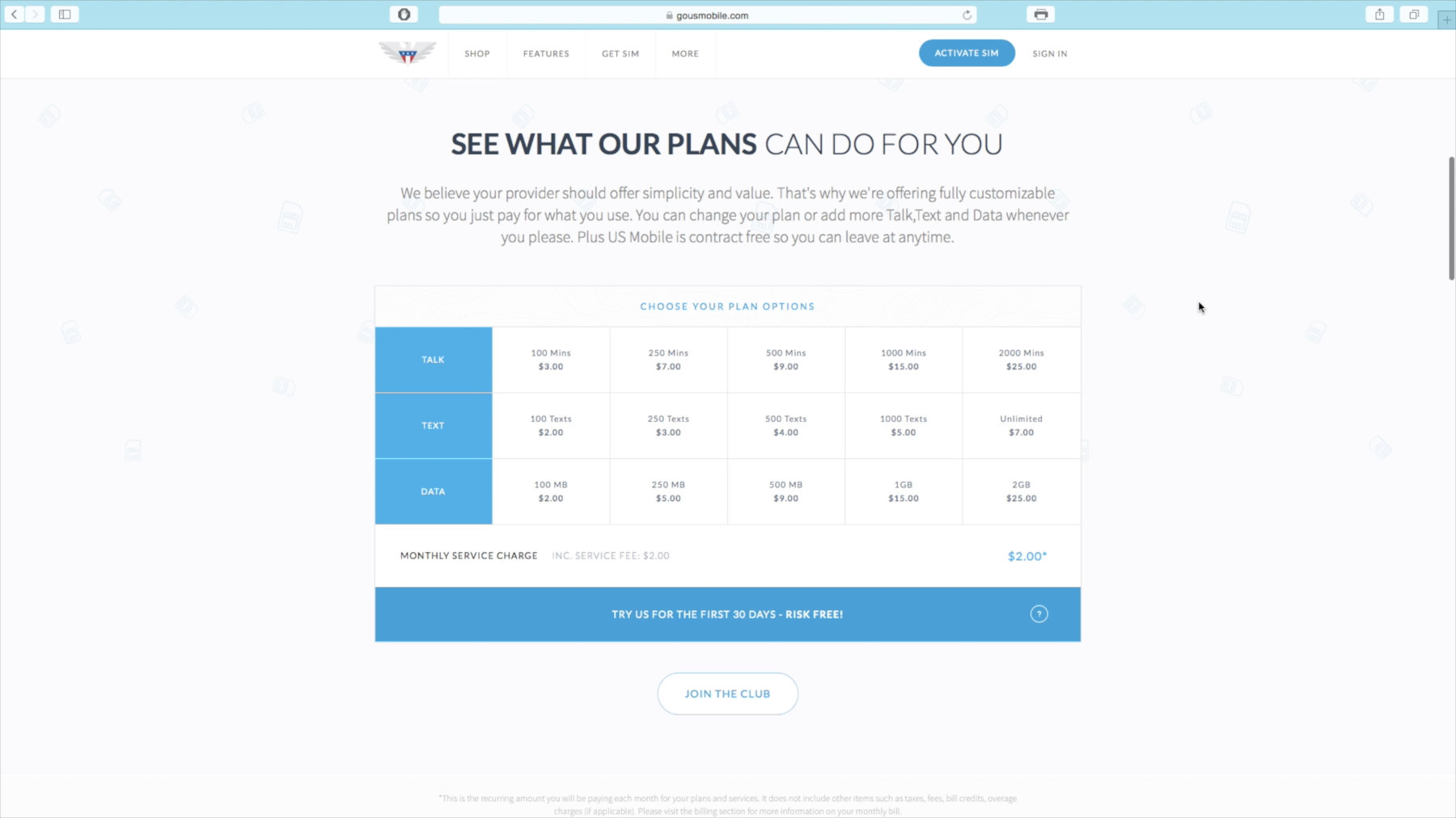 us mobile's website in 2014 with a grid to choose minutes, texts, and data for your cell phone plan