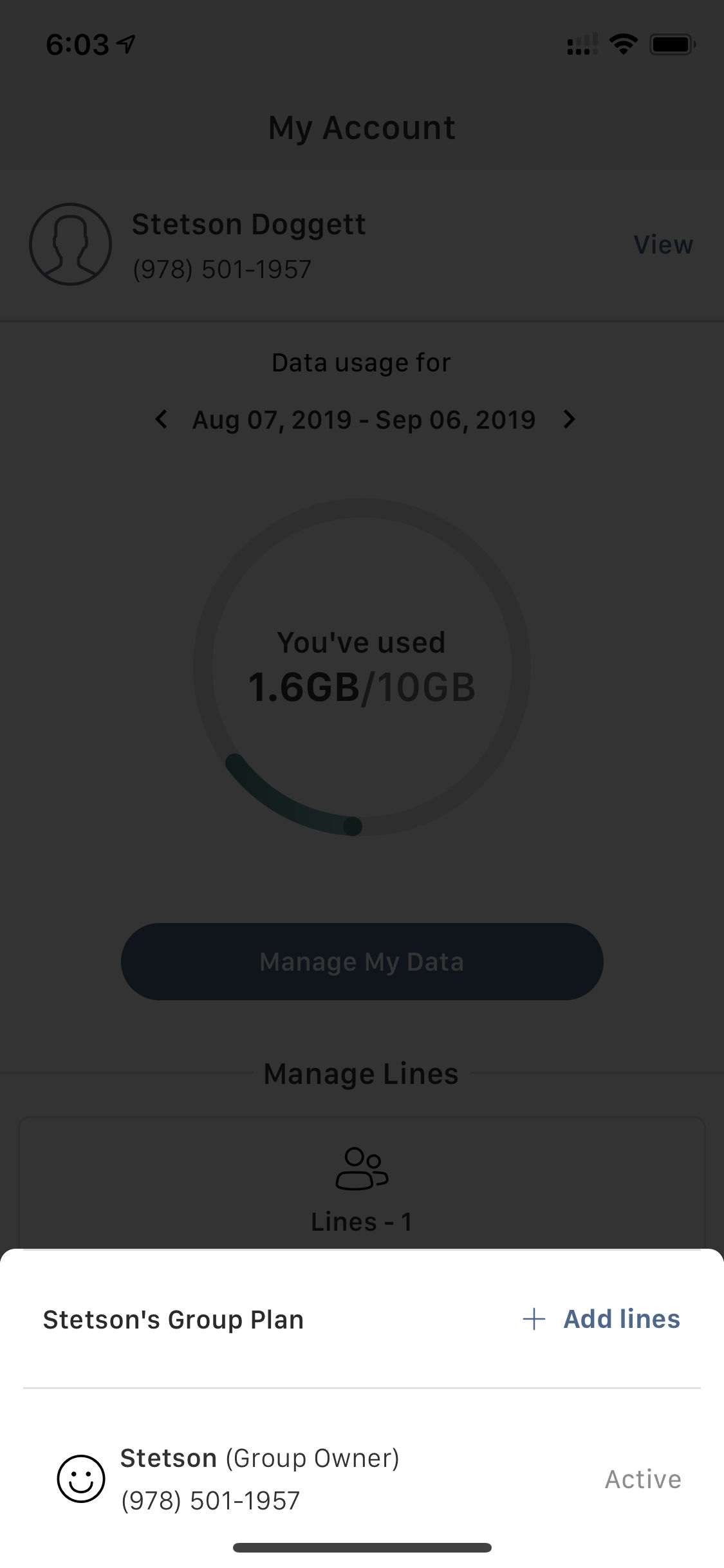 Reach Mobile application screenshot of account page and adding a line to your account