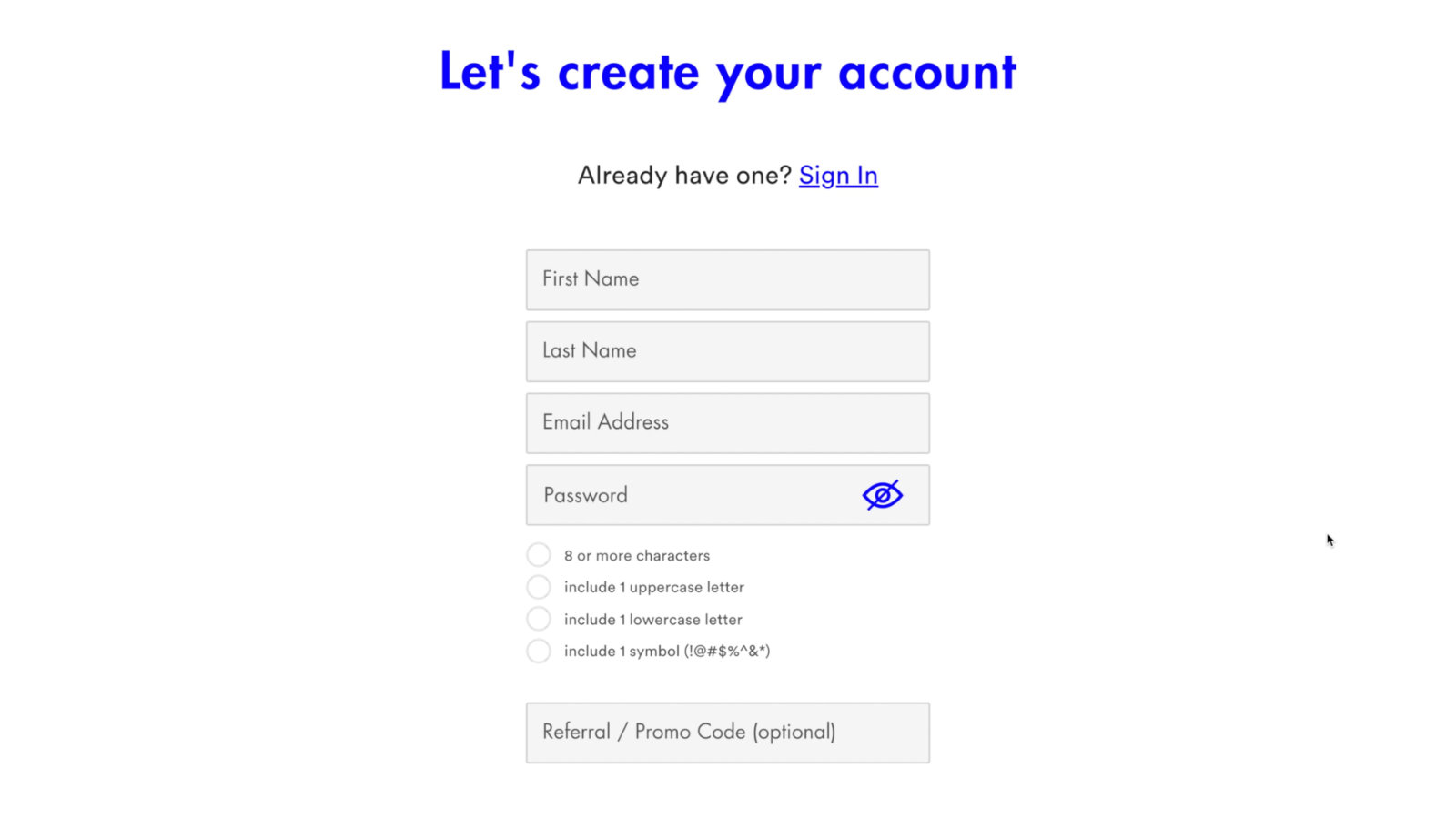 Visible account creation screen on website