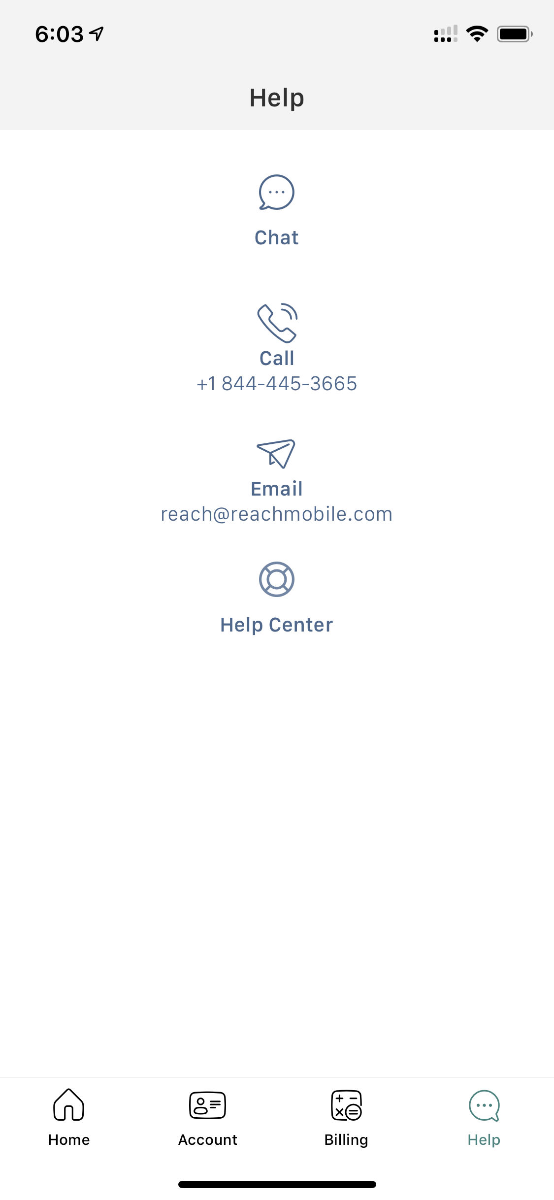 Reach Mobile application screenshot of help page with buttons to contact Reach Mobile's customer success team