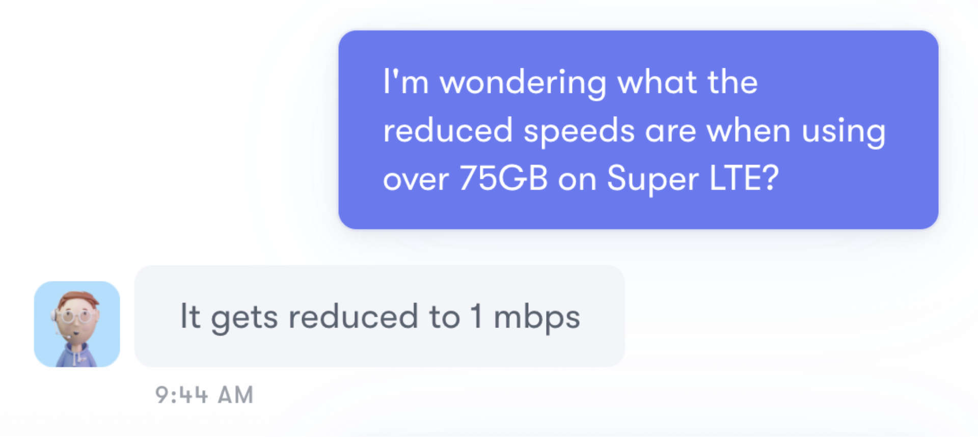 screenshot of chat with support agent that says, "it gets reduced to 1Mbps"