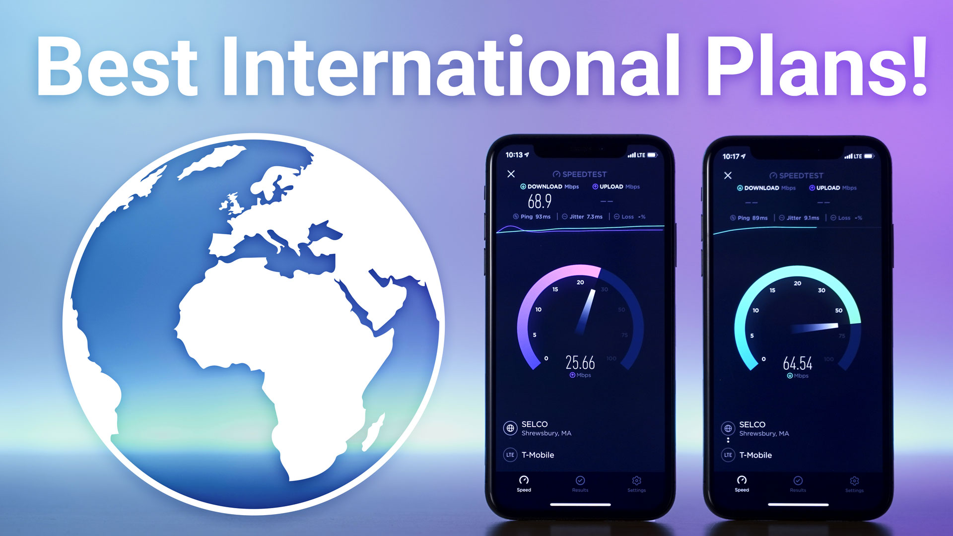 two iphones running a data speed text next to an icon of the earth