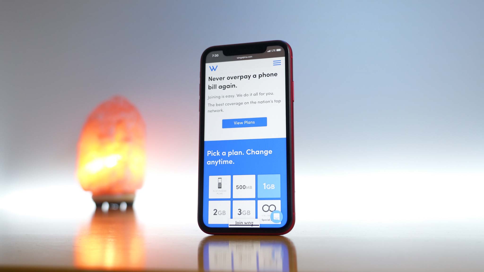 iPhone 11 Pro on Wing's website showing Wing's available data plans
