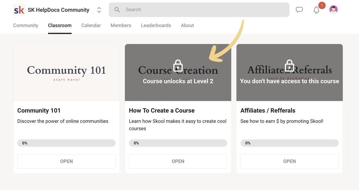 Skool Classroom example with an unlocked course, a course that unlocks at Level 2 and another course without access.