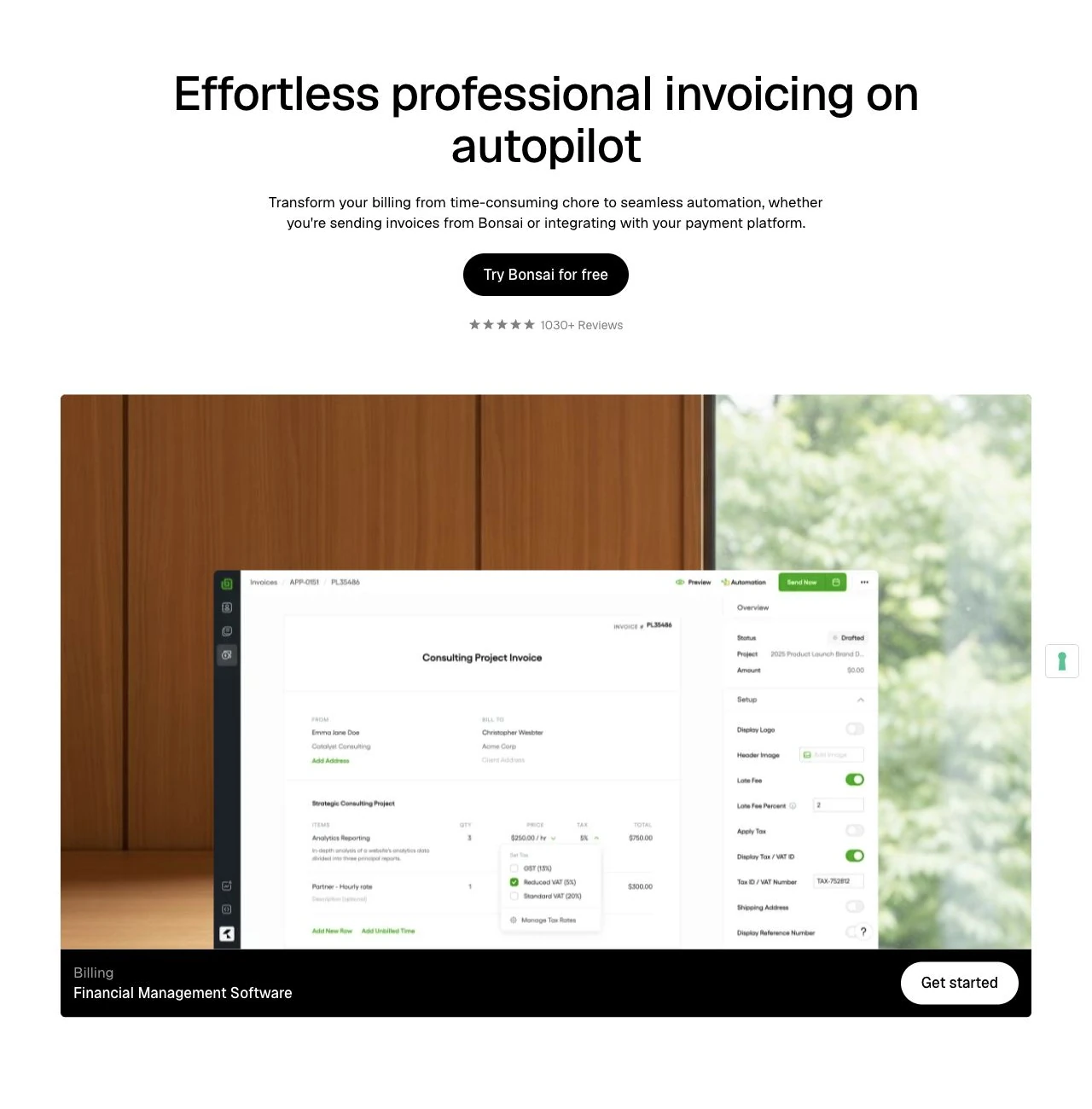 Bonsai public invoicing page with an illustrative invoice editor