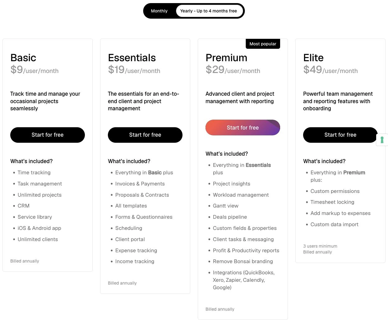 Bonsai's official four-plan pricing page with per-user prices and billing-cycle options