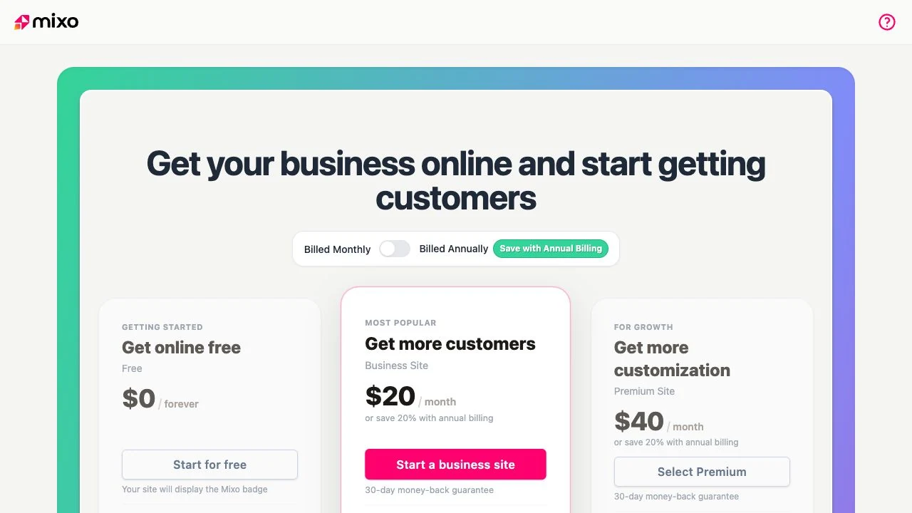 Mixo public pricing interface with monthly billing selected: Free $0, Business Site $20 and Premium Site $40